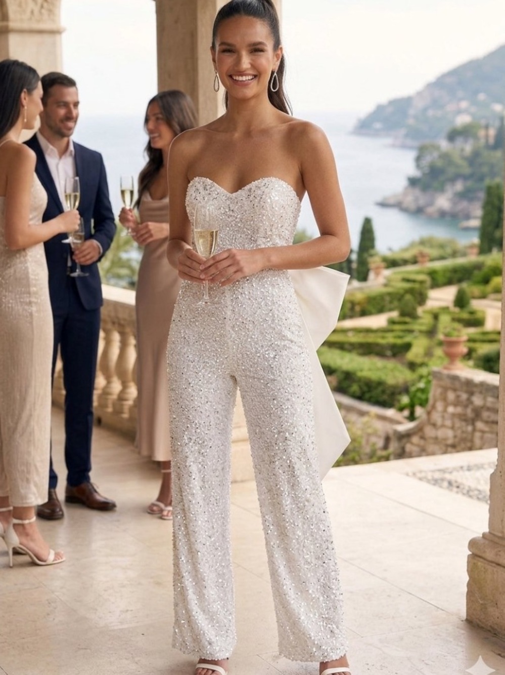 New Lulus Bridal Sequin Reception Comfy Strapless White Jumpsuit with Bow Sz Sma